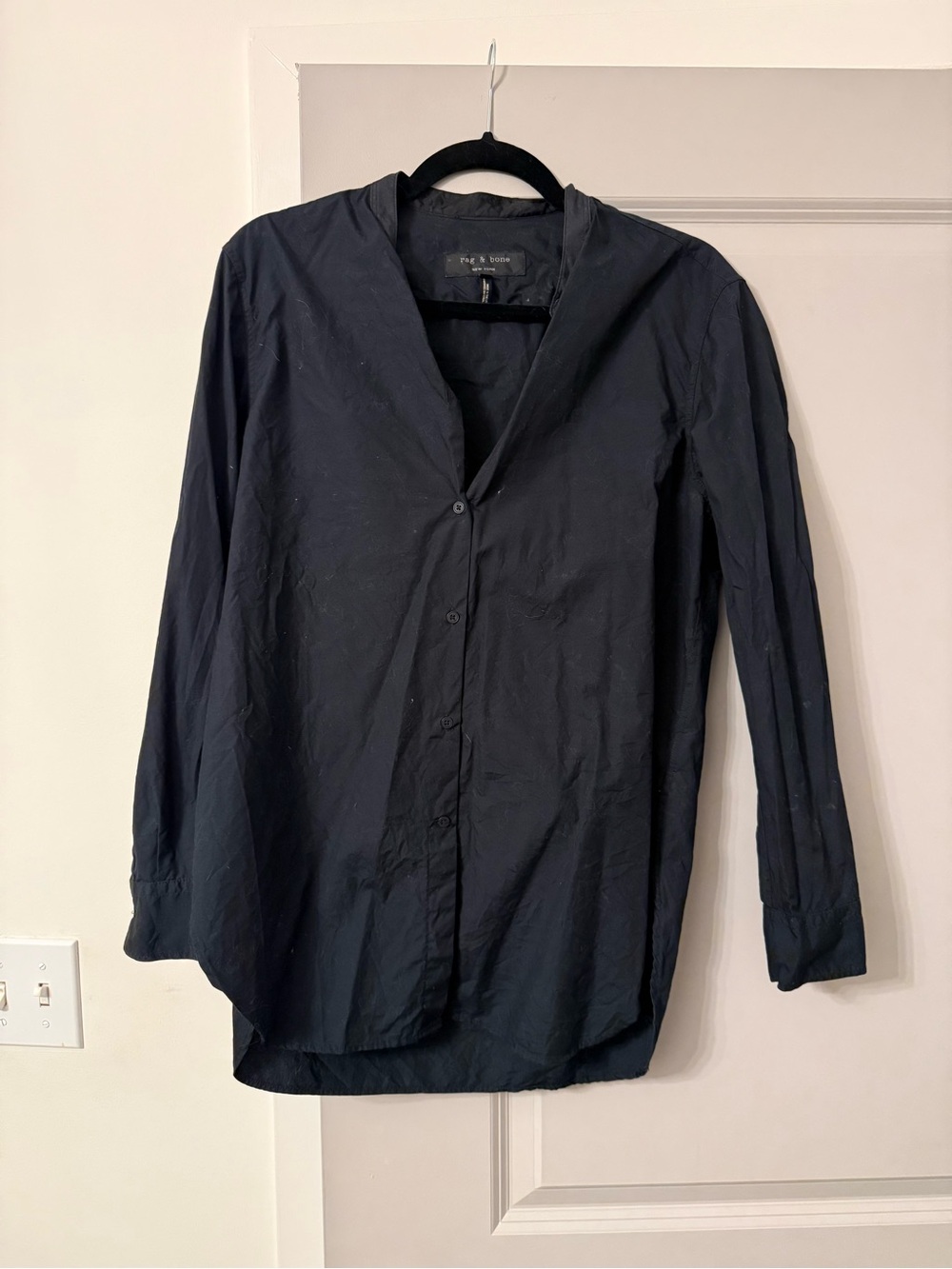 Rag & Bone Black Collarless Button Down Shirt Blouse M